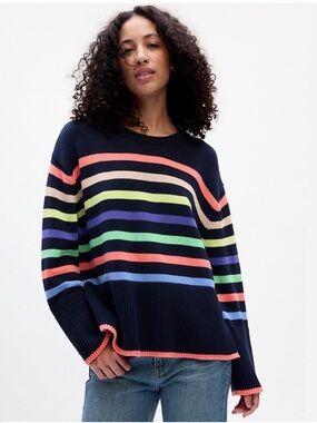 GAP Cotton Striped Split Hem Sweater Navy Large Rainbow Oversized Casual Coastal
